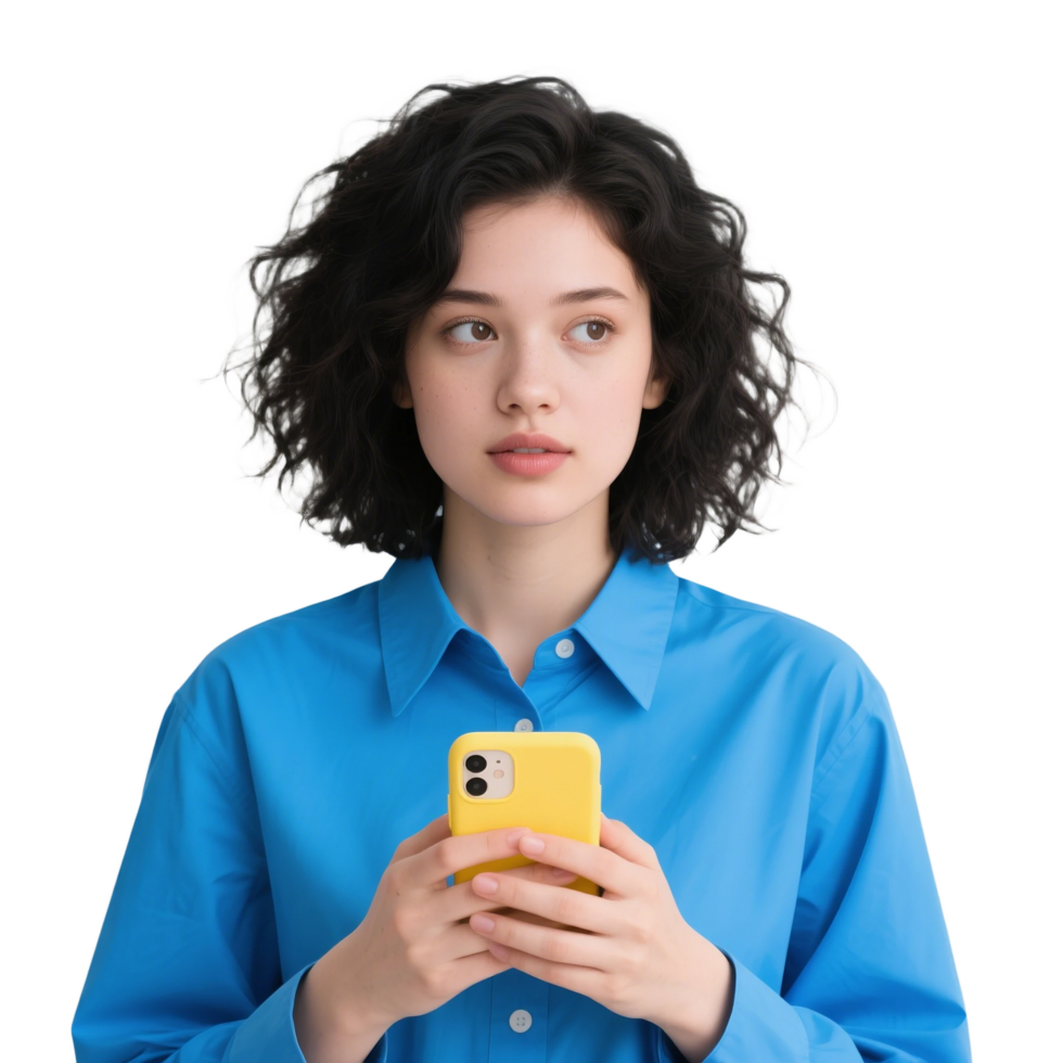 Woman holding a yellow phone case isolated on transparent background, no background png