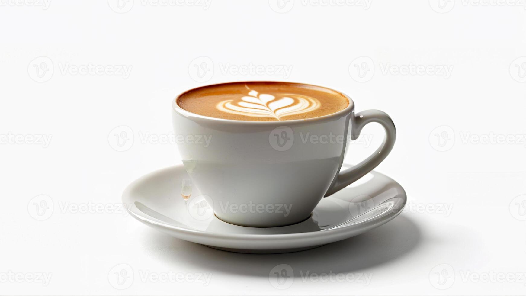 A single cup of aromatic coffee with latte art is presented isolated on a white background. The image is suitable for illustrating coffee culture, beverage menus, or cafe branding. photo
