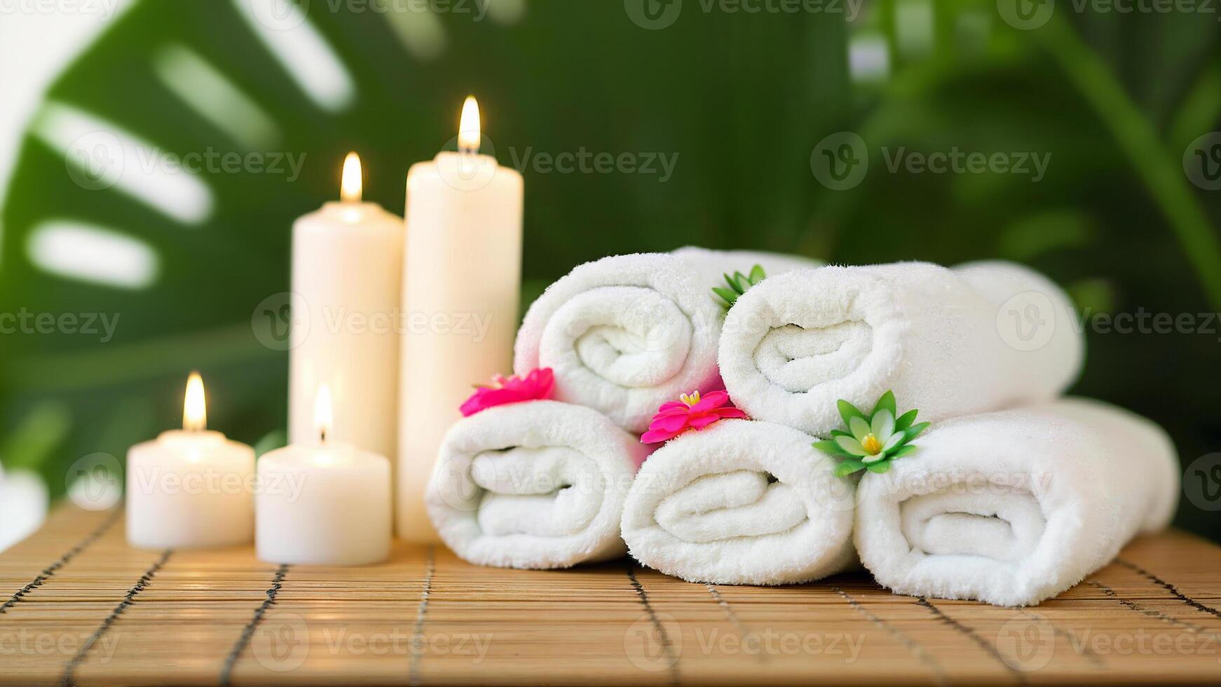 Rolled Spa Towels and Candles Display photo