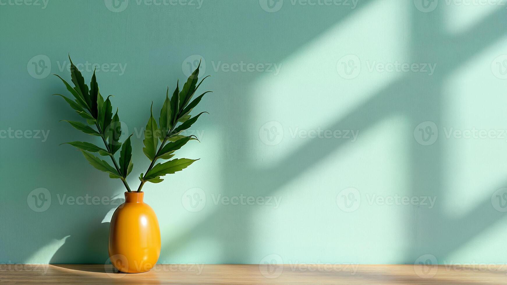 A yellow vase with green leaves, placed on a wooden table against a light green wall. Natural sunlight casts geometric shadows, creating a calm and minimalistic interior scene. photo