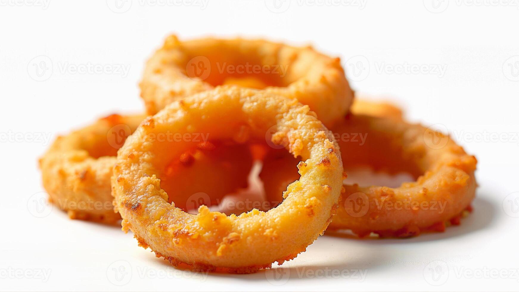 Golden brown crispy fried onion rings are arranged in a stack, isolated on a clean white background. The image is suitable for illustrating fast food, snack options, or menu items. photo