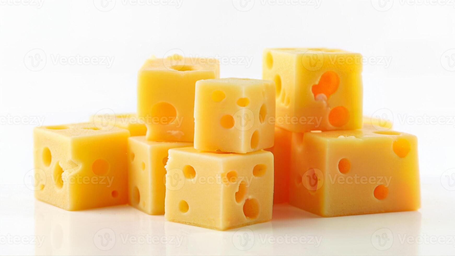 Stacked fresh cheese cubes with holes are isolated on a white background. The image is suitable for food packaging, advertising, or culinary presentations. photo