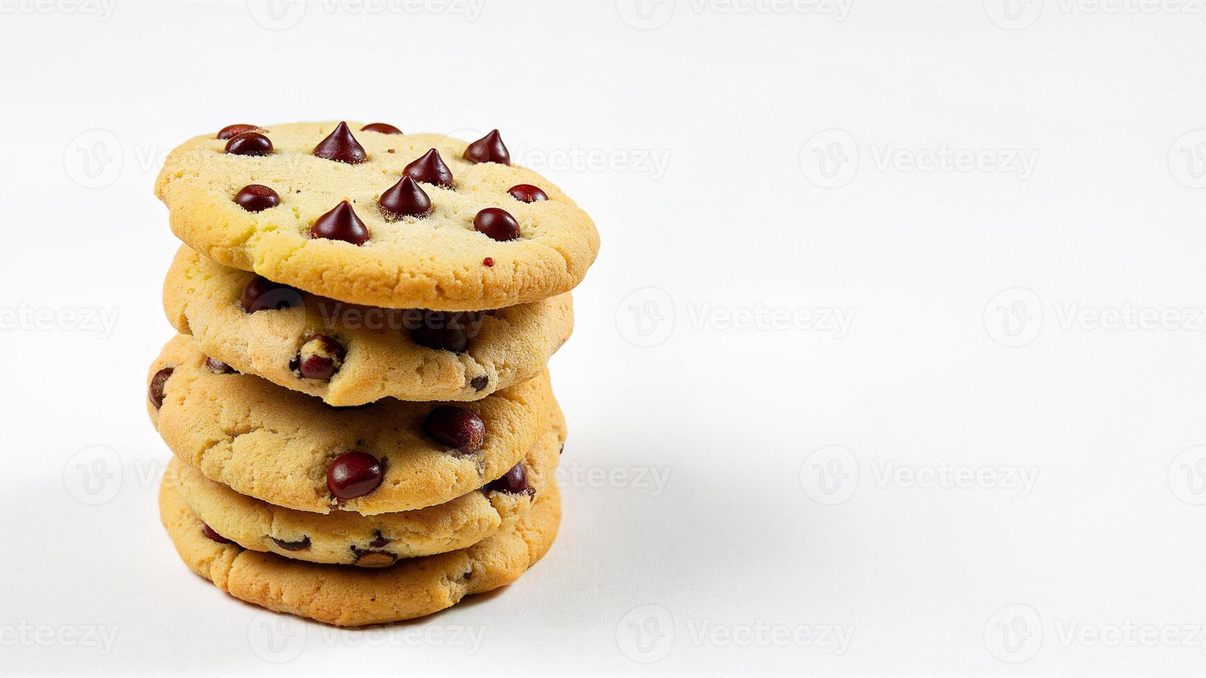 A stack of chocolate chip cookies is isolated on a white background for food advertising or recipe illustration. Suitable for bakery, dessert, or snack concepts. photo