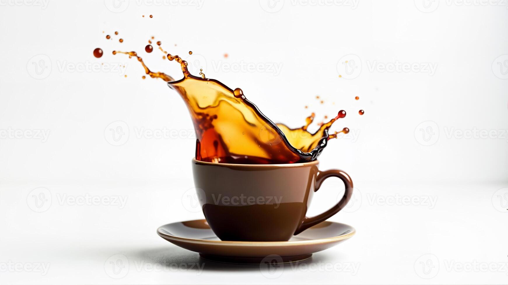 Aromatic coffee splashes out of a brown cup on an isolated white background. The image is used for beverage, refreshment, or energy concepts. photo