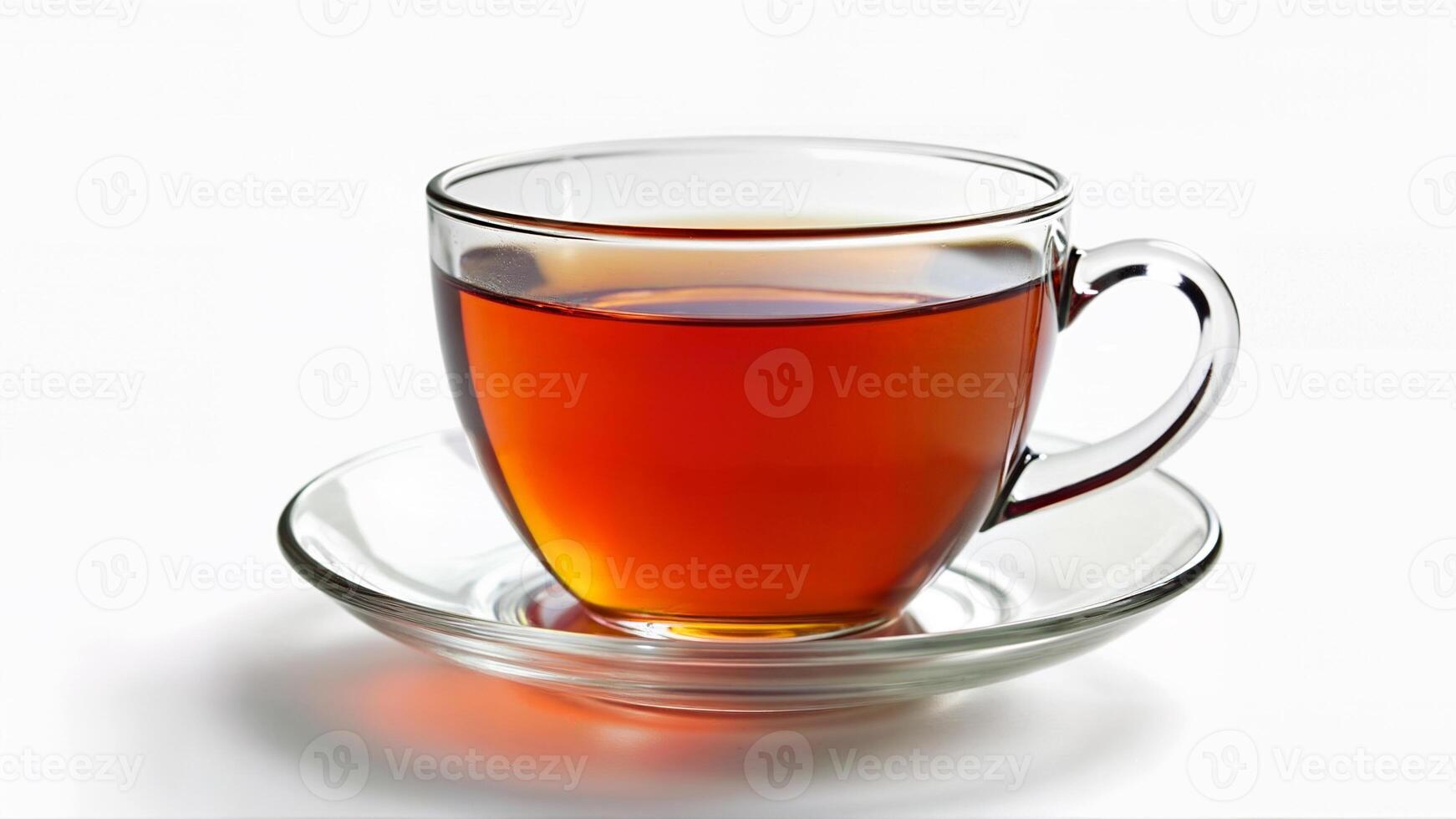 A transparent glass cup with hot aromatic tea sits on a matching saucer, isolated on a white background. The image is suitable for illustrating beverage concepts, tea advertisements, or menu designs. photo