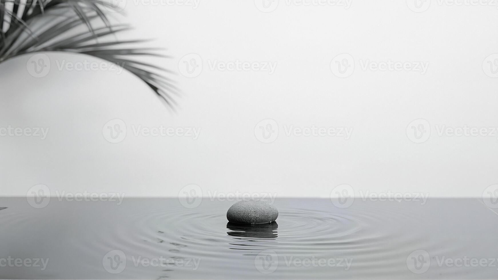 A single smooth stone sits in the center of still water, creating gentle ripples. Suitable for meditation or relaxation themes. photo