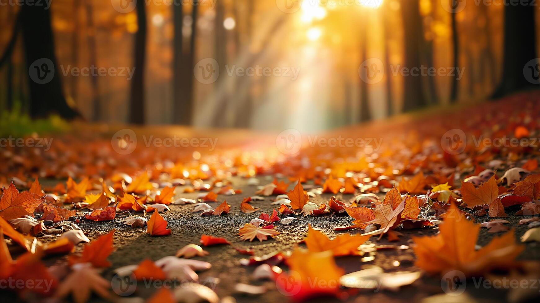Orange autumn leaves cover a forest path. For seasonal, nature, or autumn-themed content and backgrounds. photo