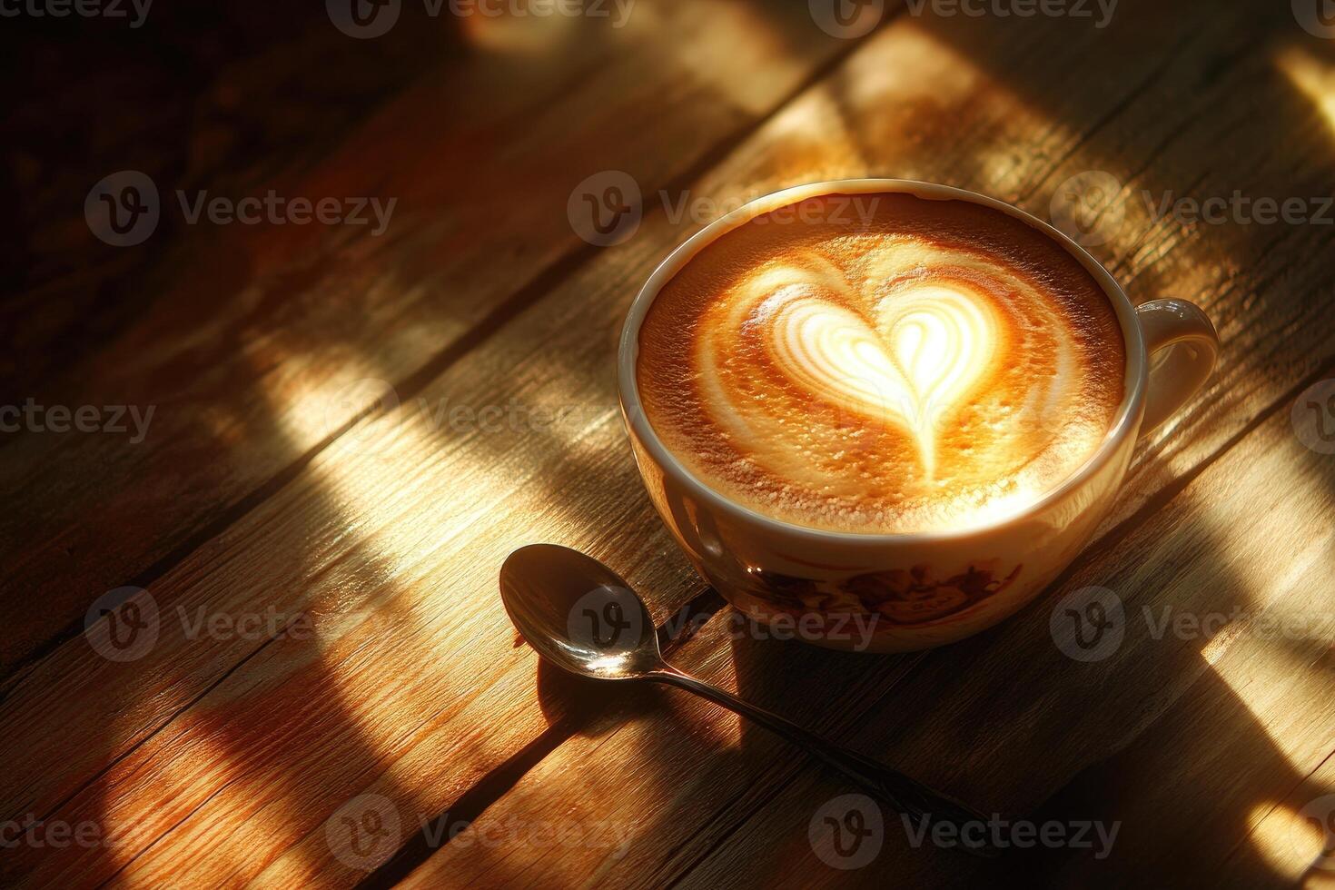 A cup of latte art coffee on wooden table photo