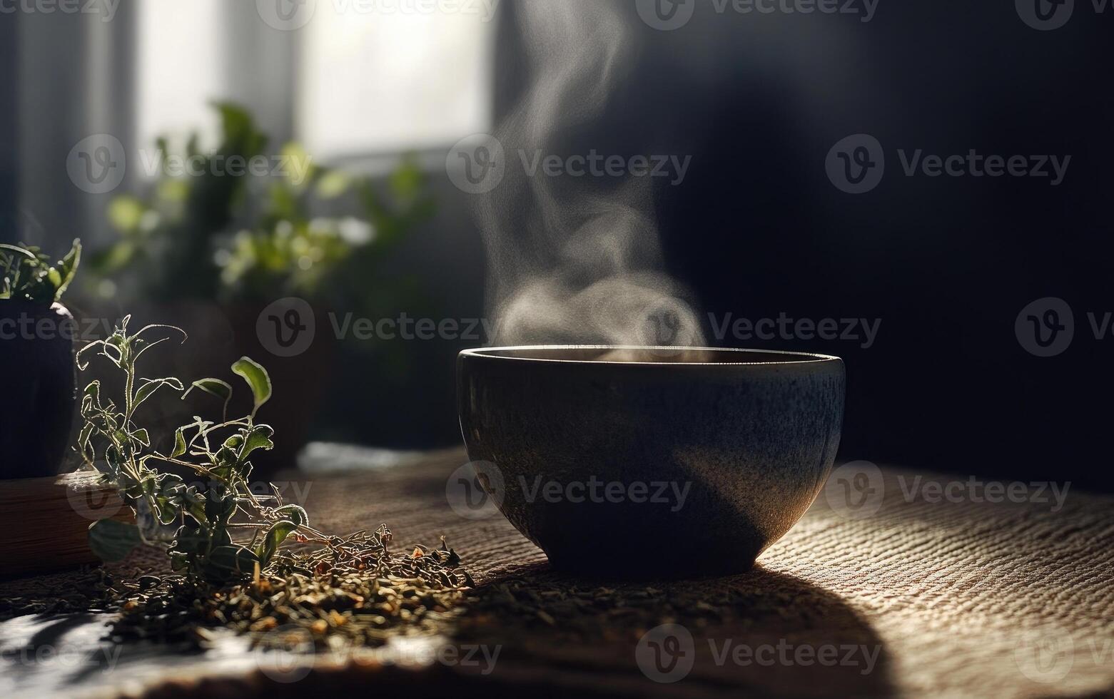 Steaming Herbal Tea In Rustic Bowl Near Plants photo