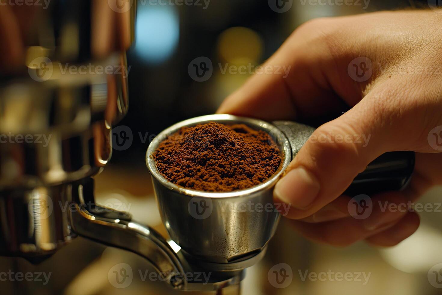A Hand Holds Ground Coffee In A Portafilter photo