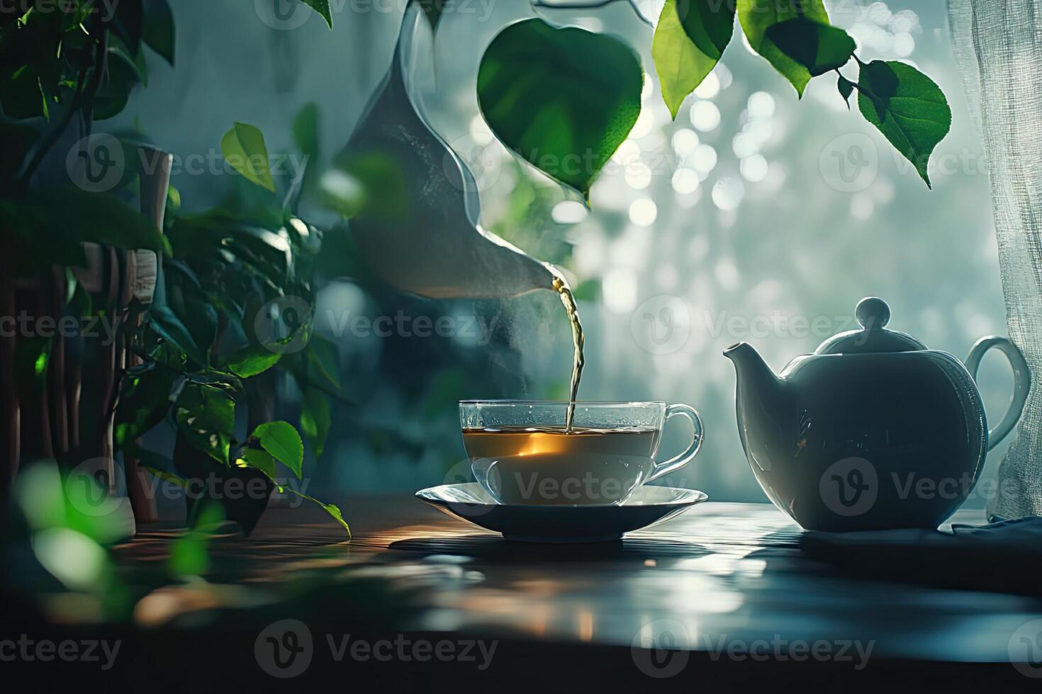 A teapot is pouring tea into a cup on a table photo