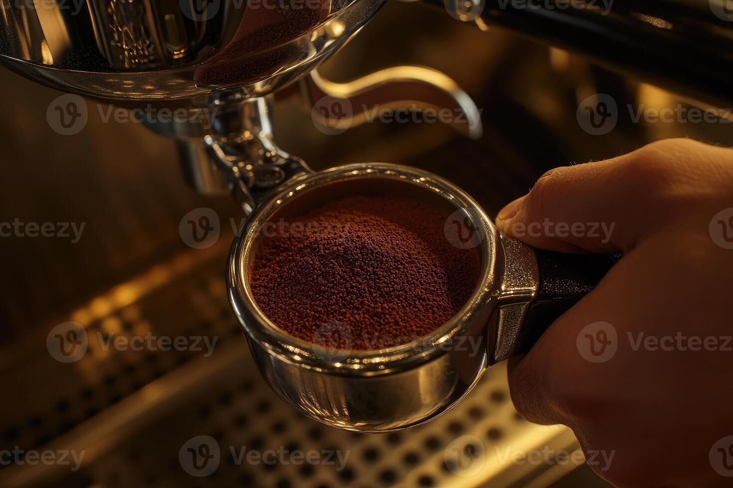 A barista prepares espresso using ground coffee photo
