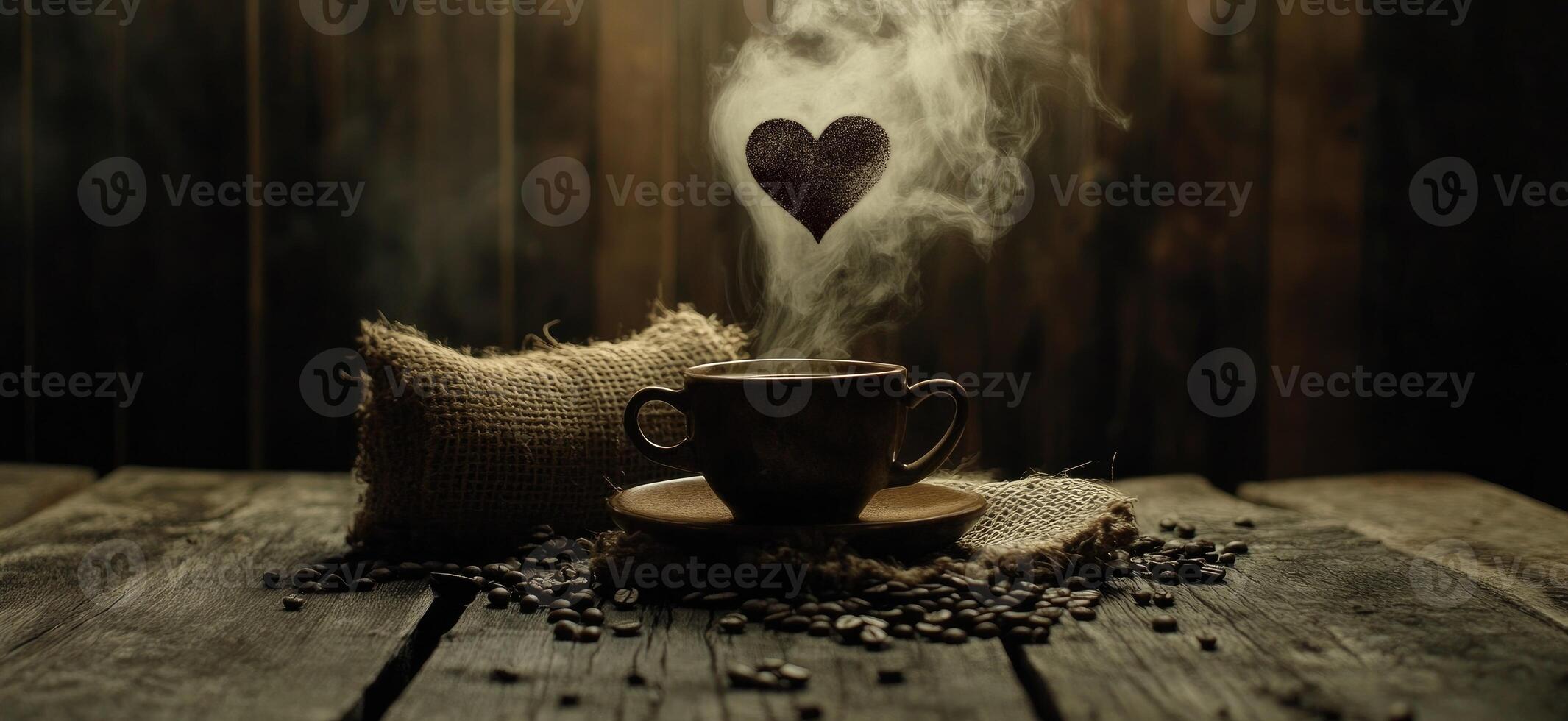 A steaming cup of coffee with a heart in the steam photo