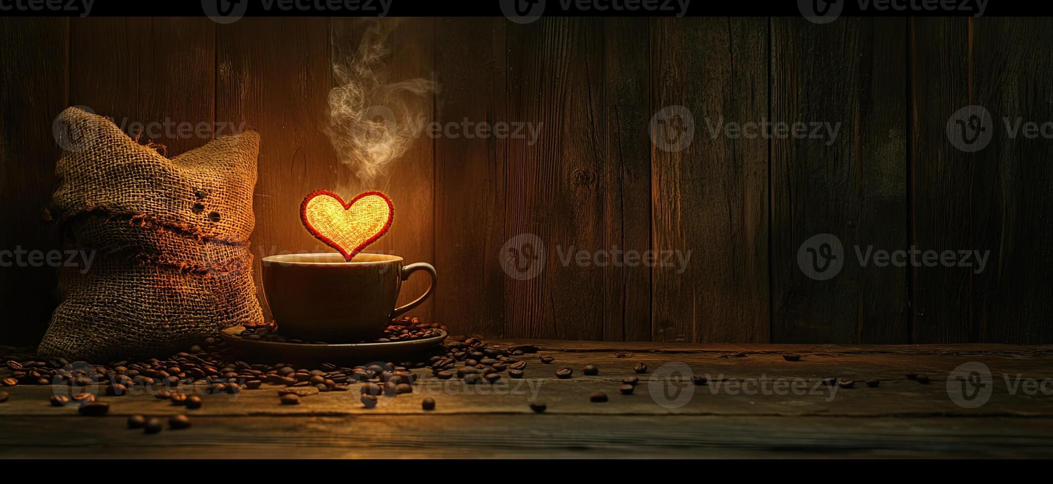 A steaming cup of coffee with a heart glows warmly photo