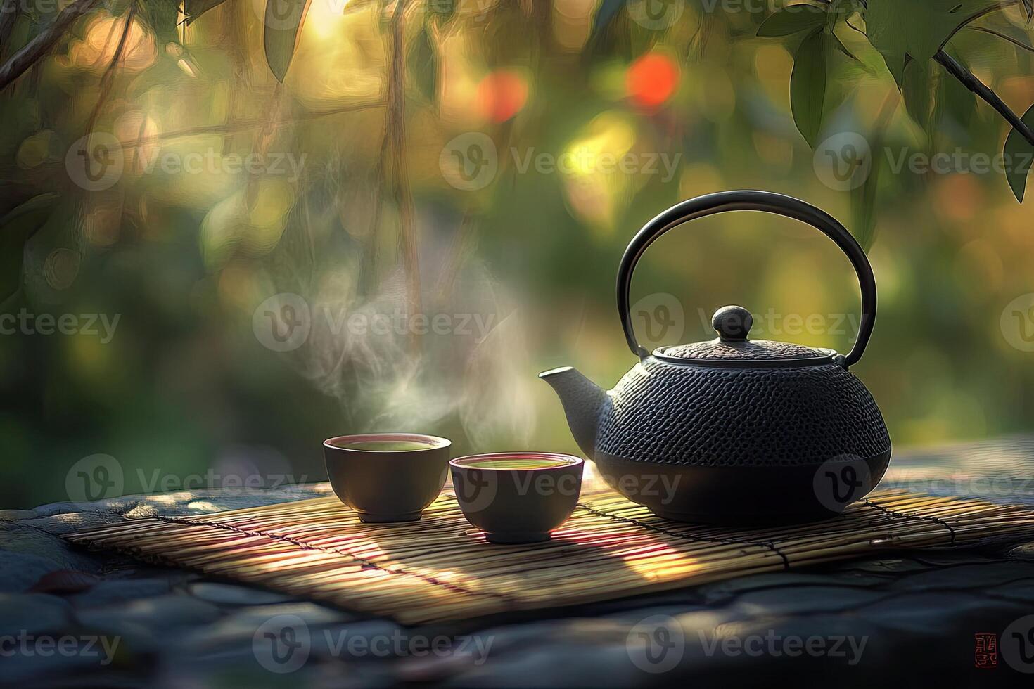 Steaming Teacups and Cast Iron Teapot in Sunlight photo
