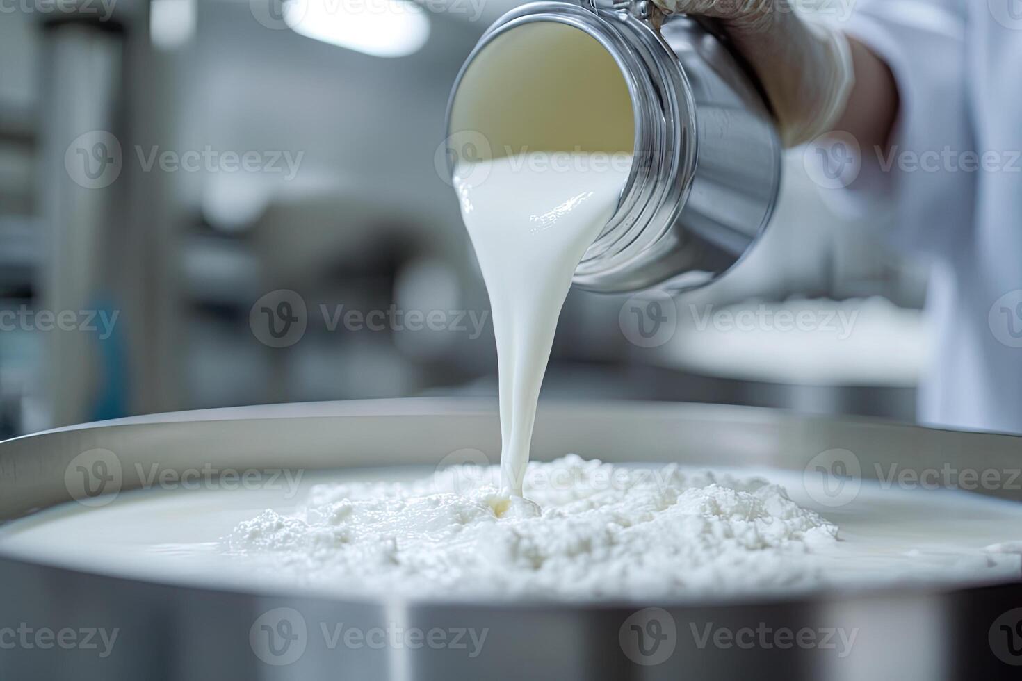 Milk being poured into a container of curd photo