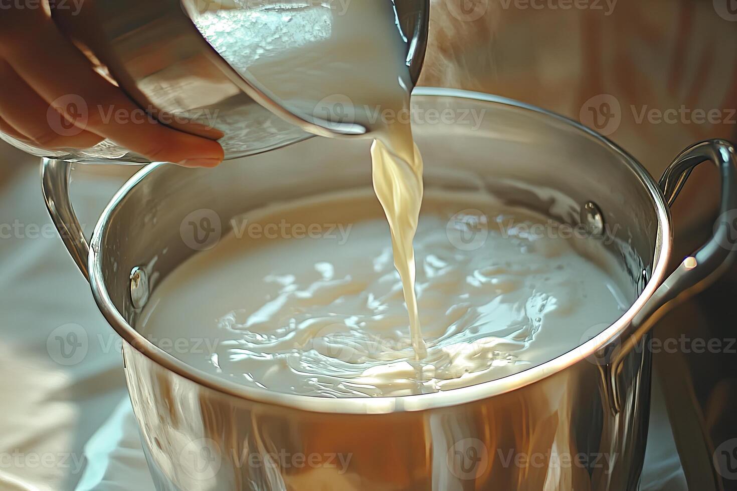 Milk pouring into a stainless steel pot photo