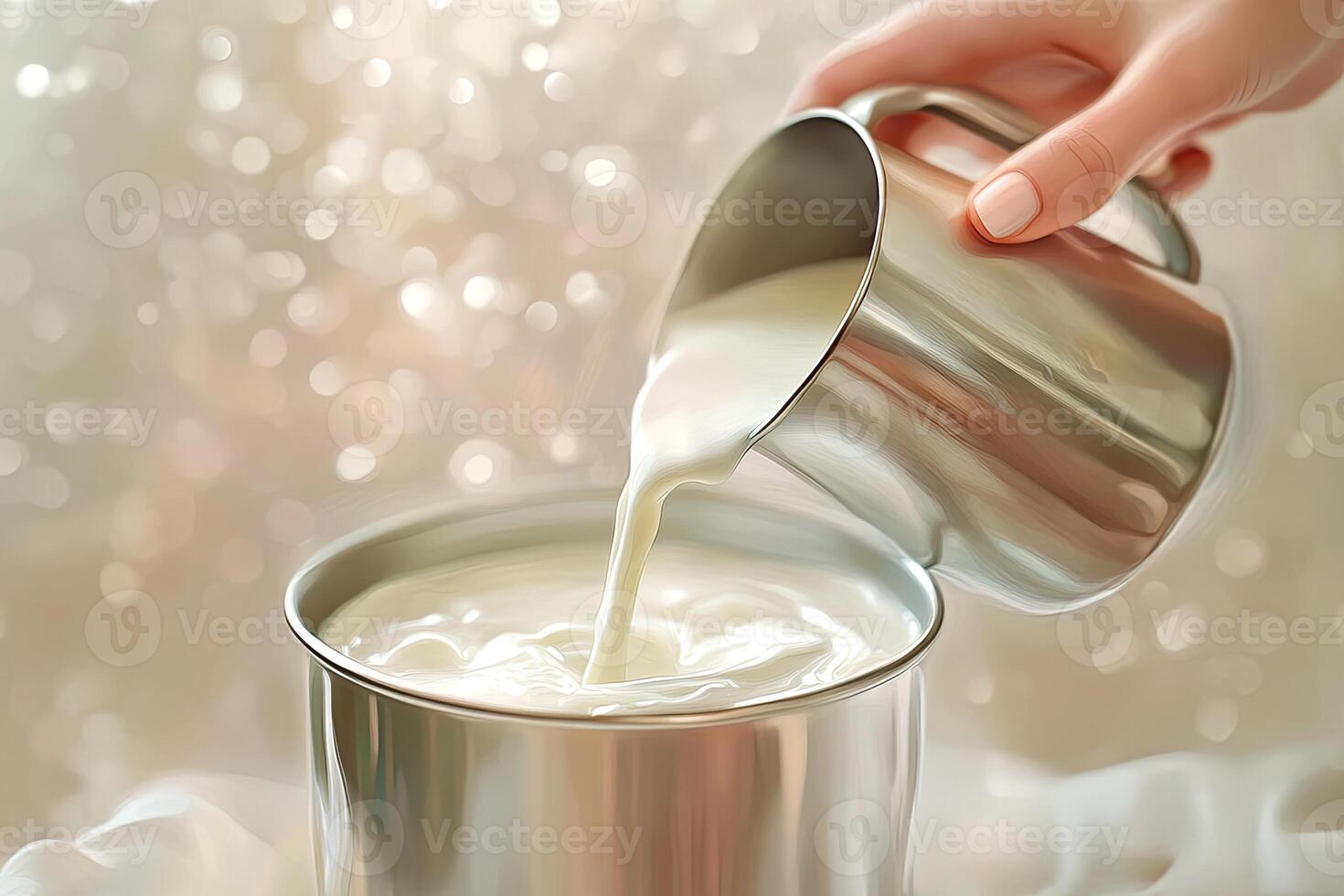 Pouring milk into a metal cup a creamy beverage photo