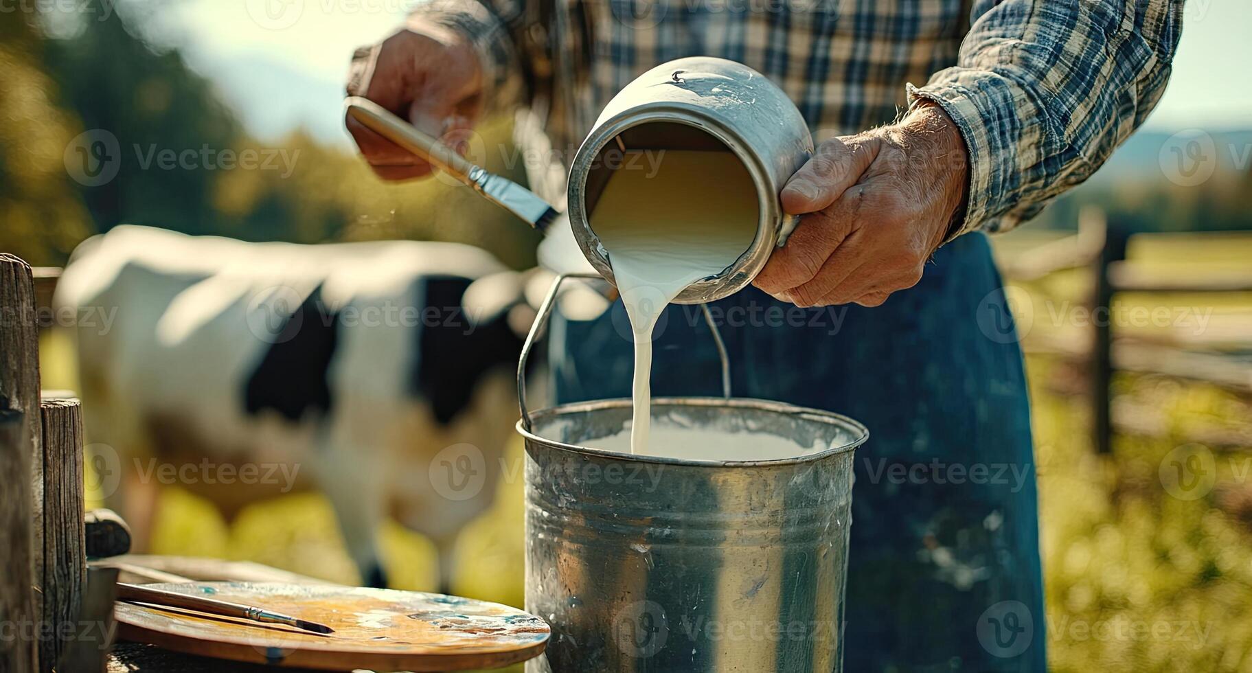 Farmer pouring fresh milk into a bucket on a farm photo