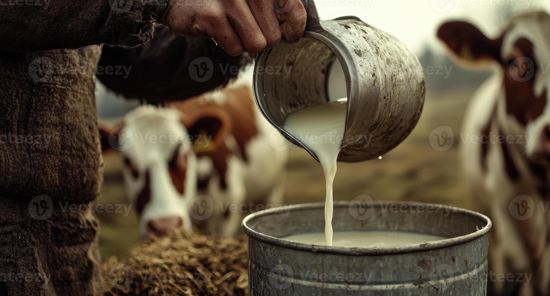 Farmer pouring fresh milk from a metal jug into a bucket photo