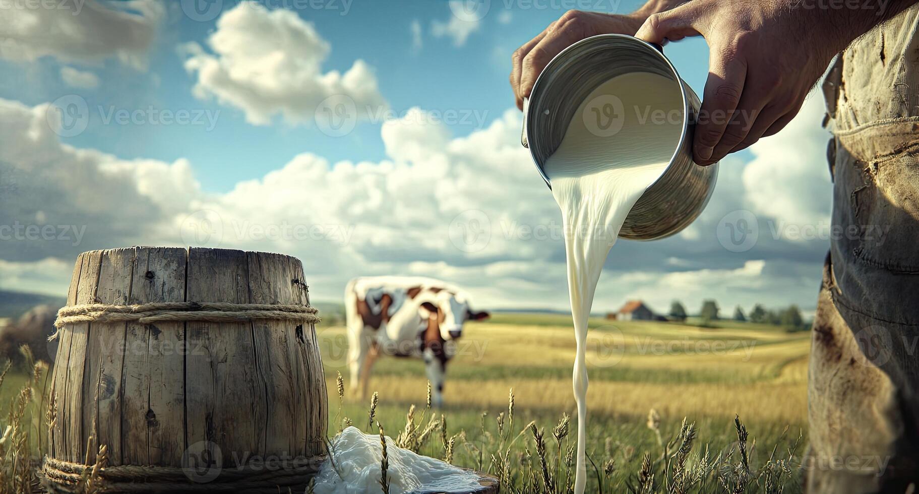 A person pouring milk into a jug on a field photo