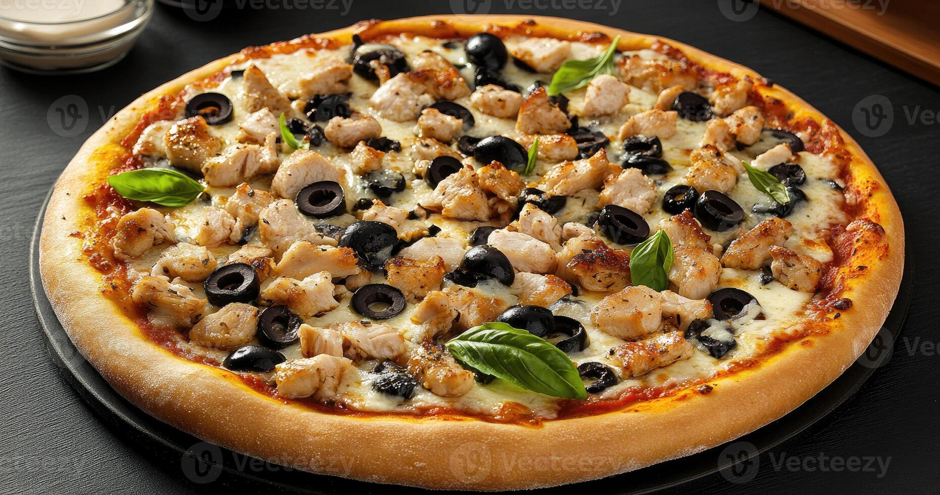 Delicious Chicken and Olive Pizza Ready To Eat photo