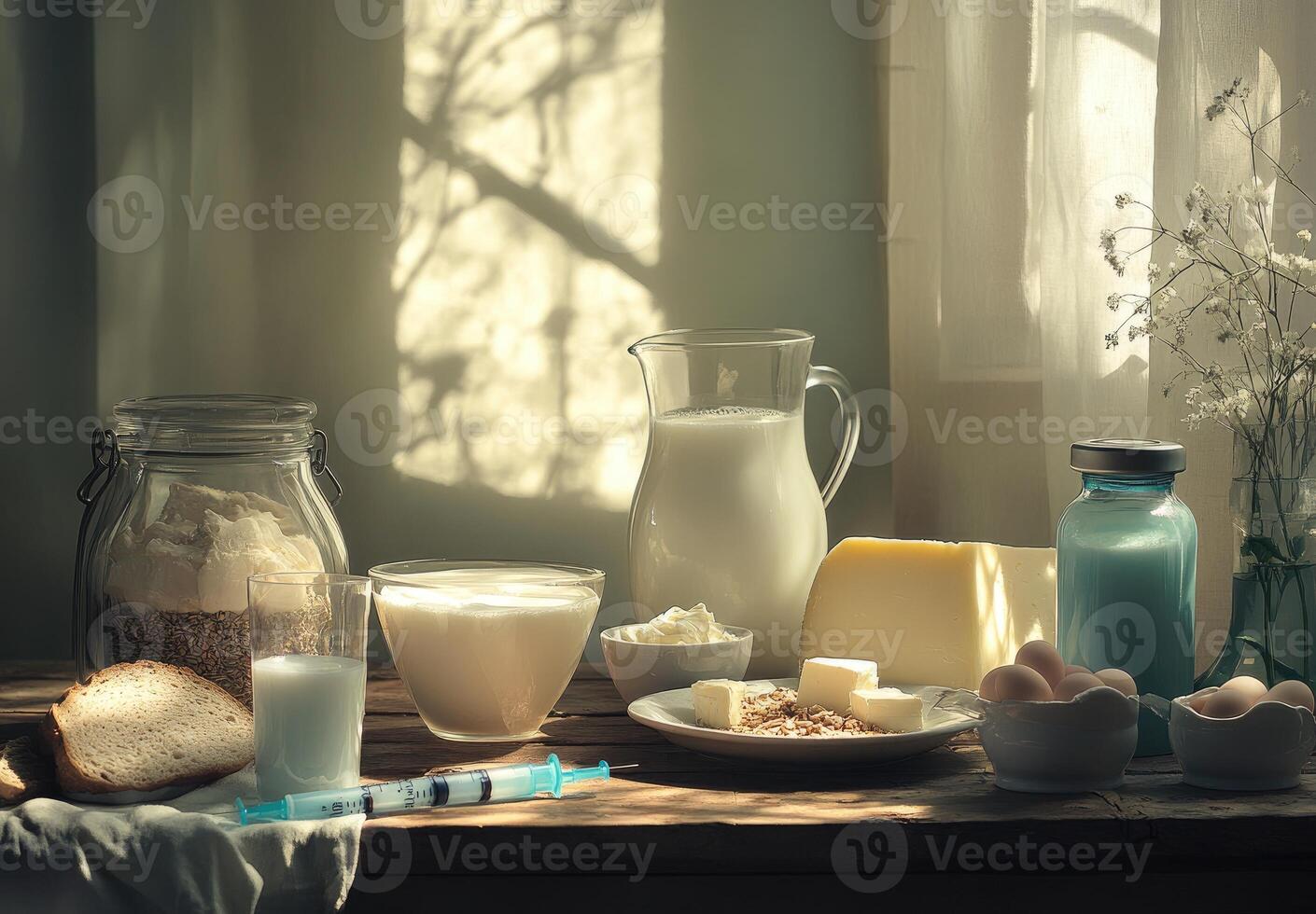 Dairy products and bread displayed on a wooden table photo