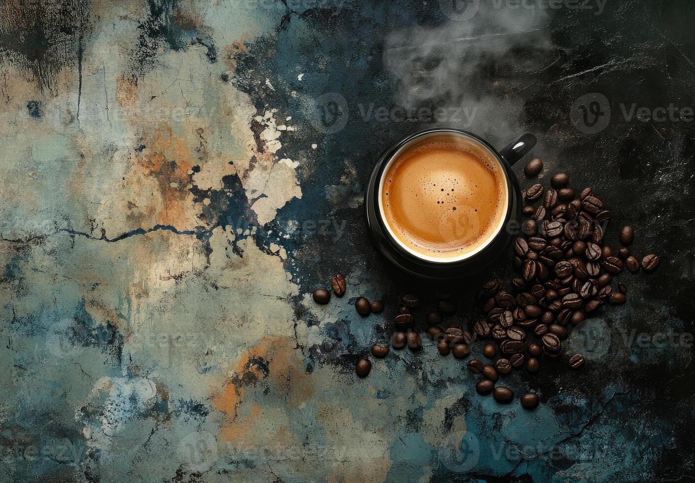 Aromatic Coffee Brew with Roasted Beans on Rustic Surface photo