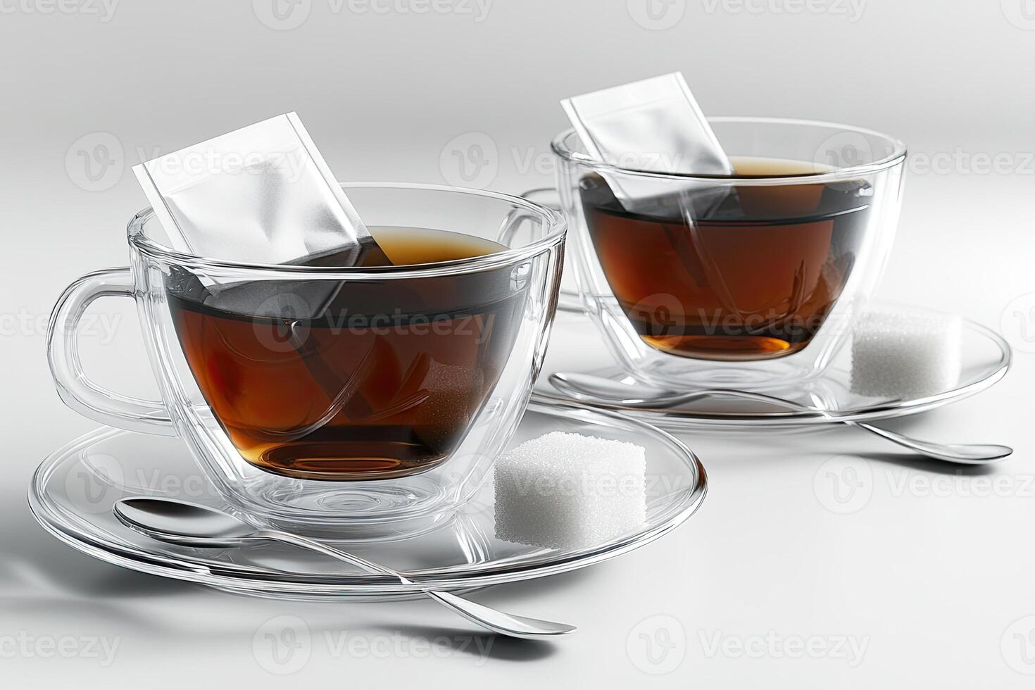 Two Glass Cups Of Tea With Sugar Cubes And Tea Bags photo