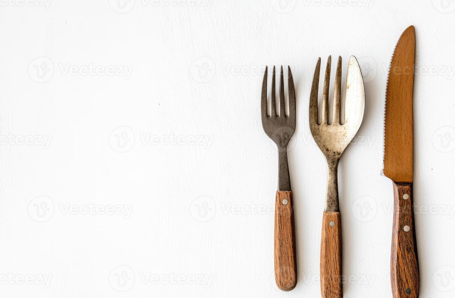 Rustic Wooden Handled Cutlery Set on White photo