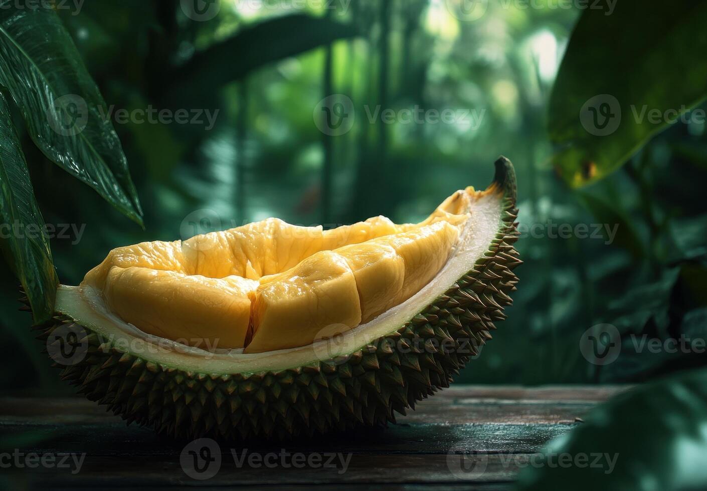 Durian fruit open showing creamy yellow flesh photo