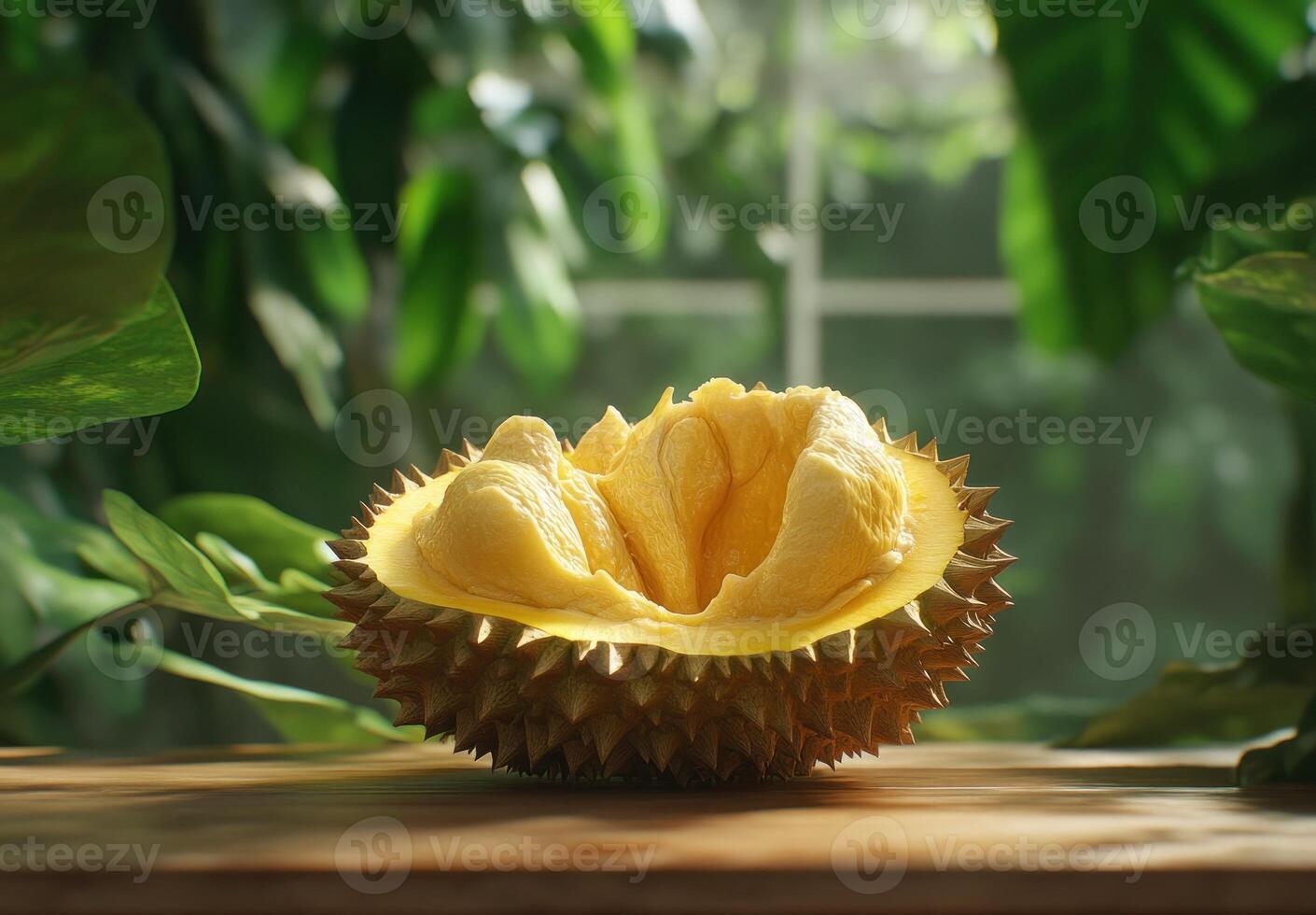 Durian fruit opened revealing its creamy yellow flesh photo