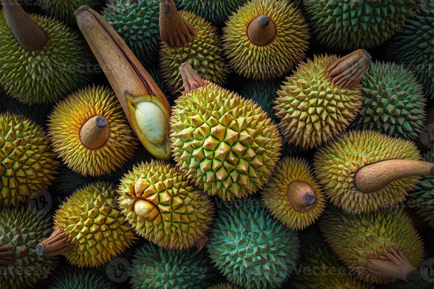 A Collection Of Durian Fruits In Various Stages Of Ripeness photo