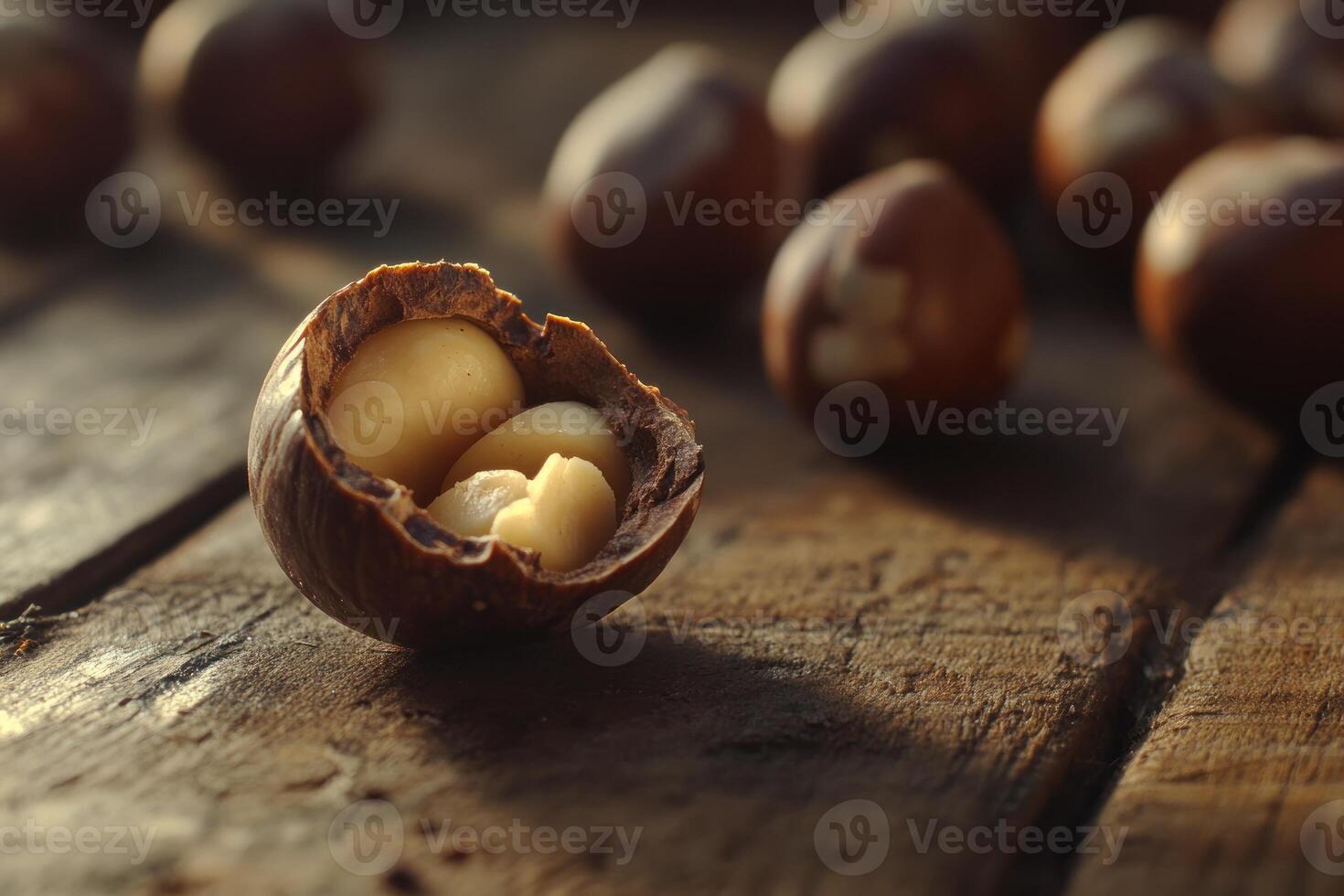 Macadamia Nuts Open Shell Showing Kernels On Wood photo