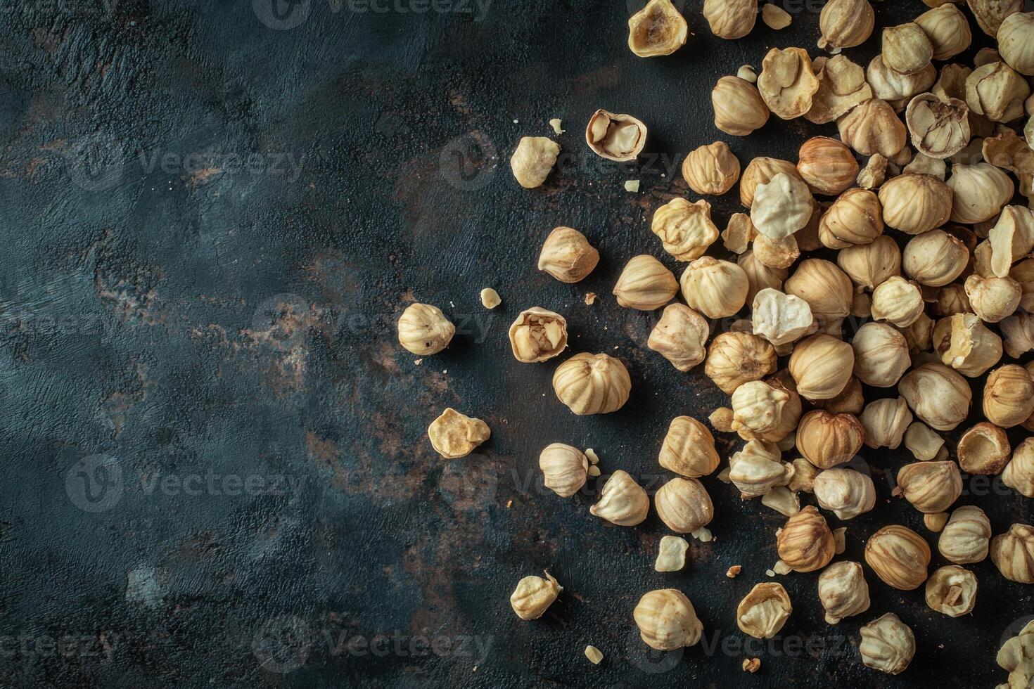 Dried Hazelnuts Scattered On Dark Surface photo