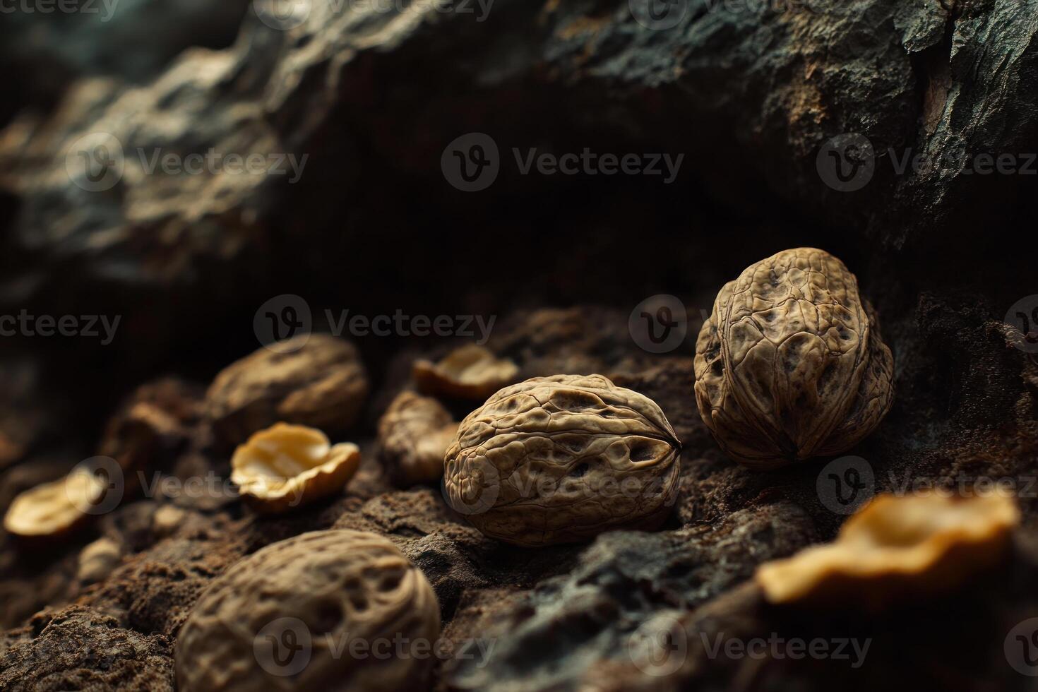Walnuts on Dark Ground Amidst Cracked Rock photo