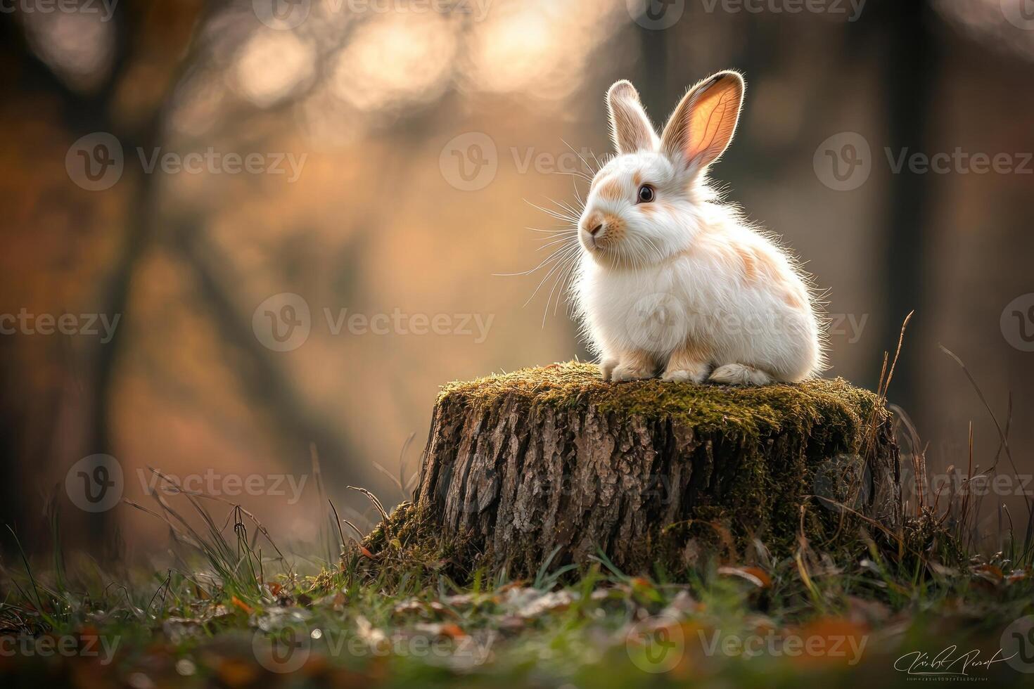 Fluffy White Rabbit Sitting On A Mossy Tree Stump photo
