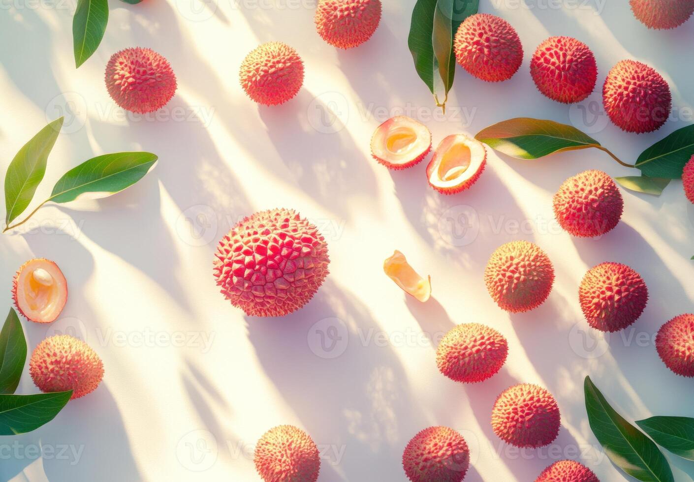 Fresh Lychees Arranged With Green Leaves In Sunlight photo
