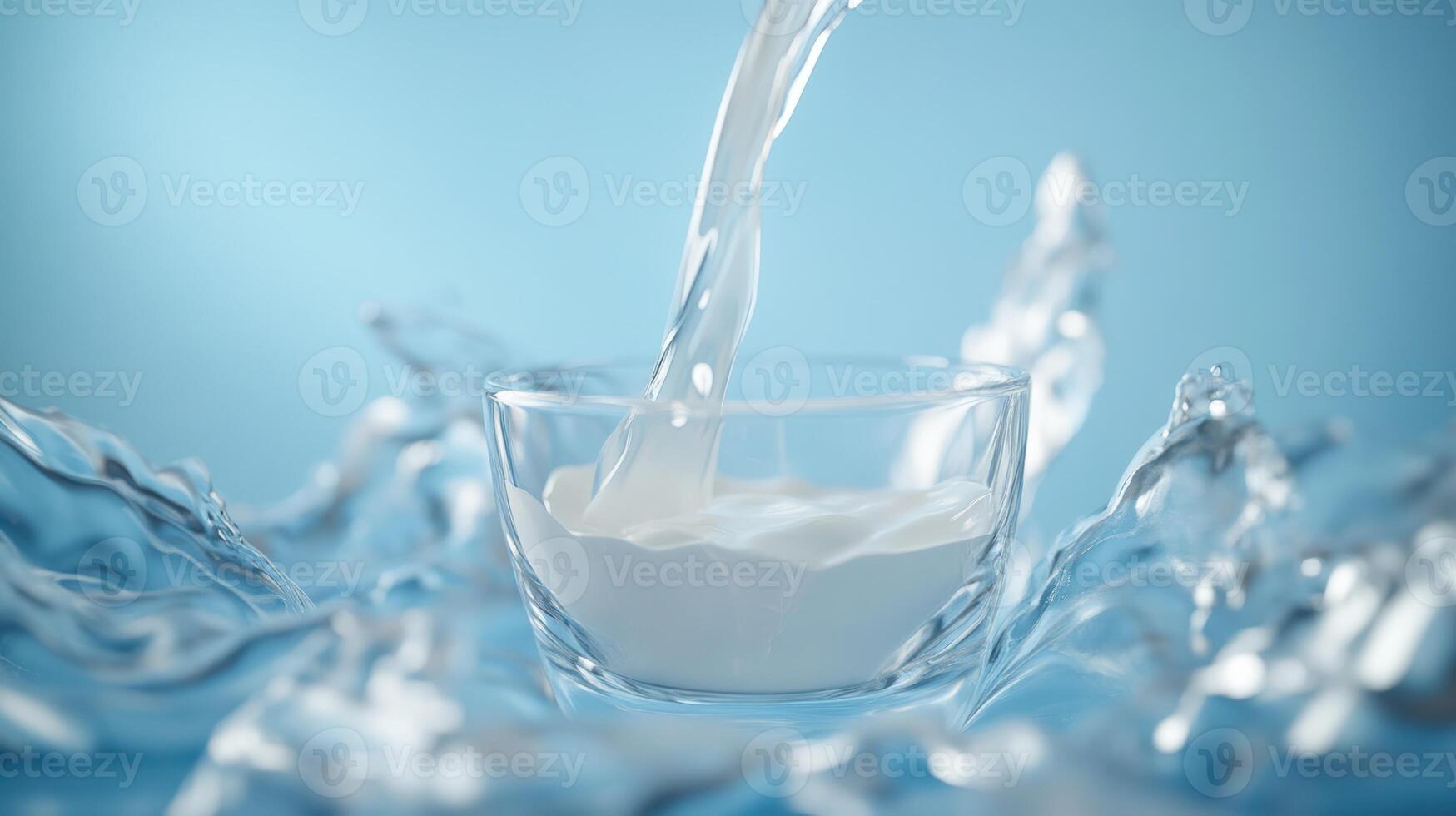 Milk pouring into a glass bowl amidst a water splash photo