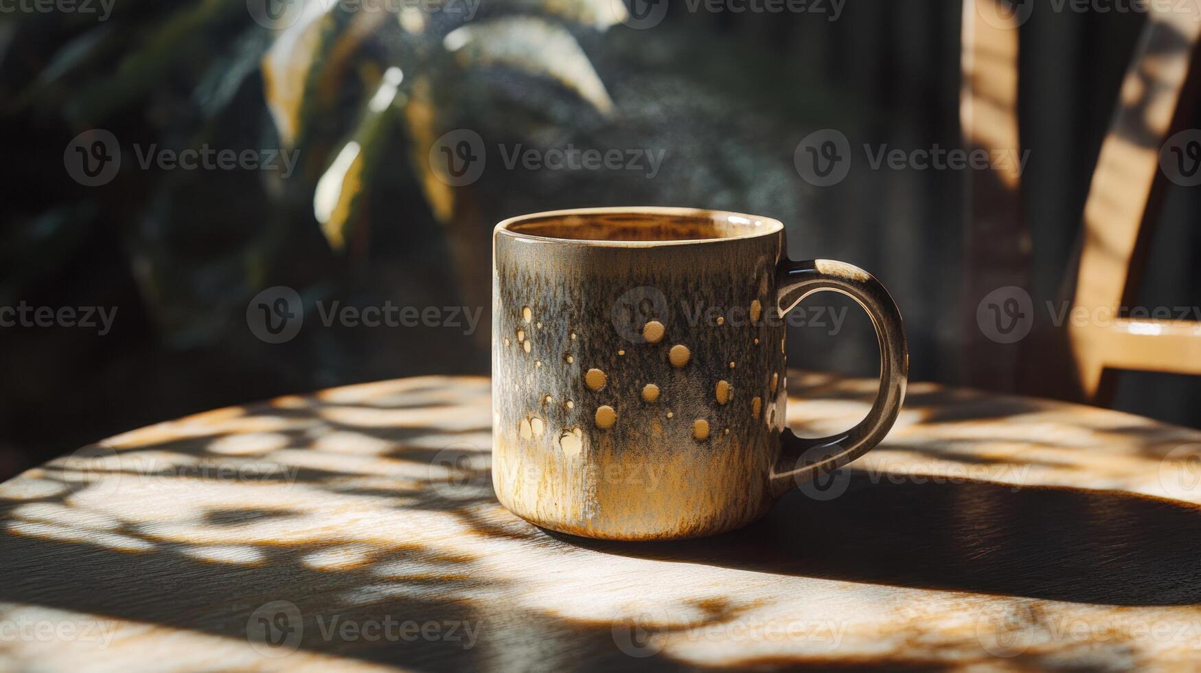 Steaming Coffee Mug On Wooden Table In Sunlight photo