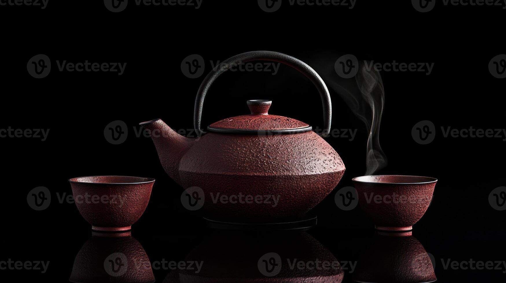 Red Cast Iron Teapot with Two Cups Steaming photo