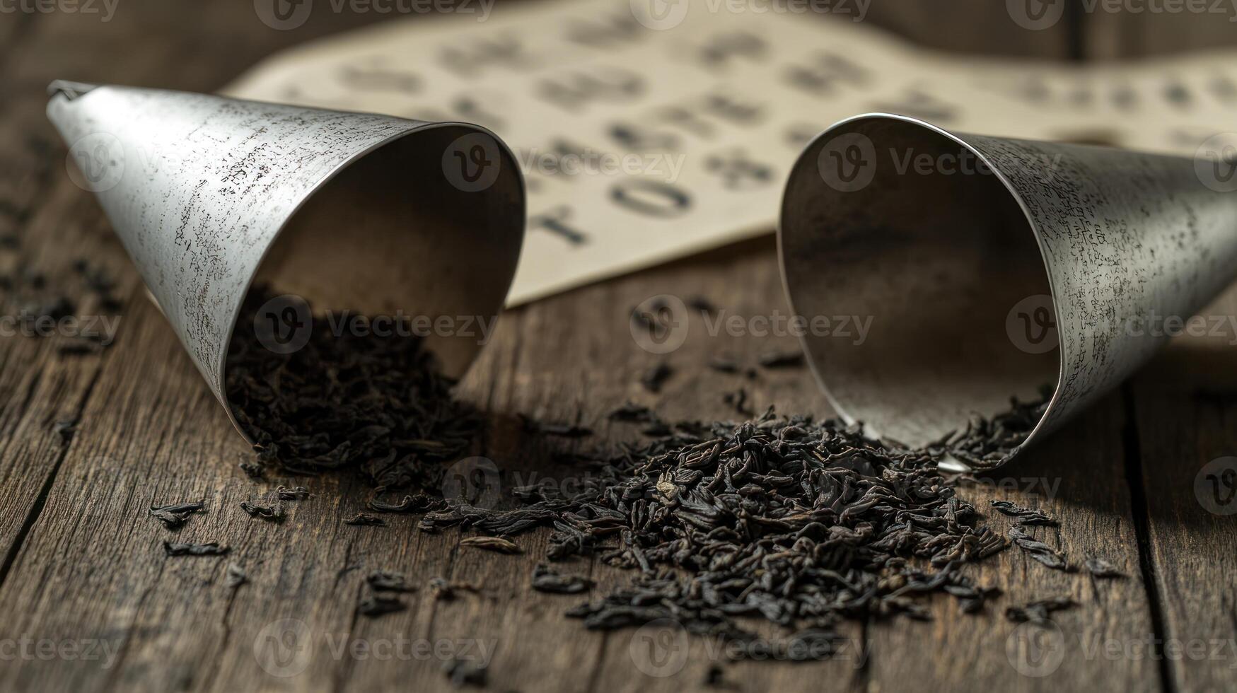 Loose leaf tea spills from metal cones onto wood photo