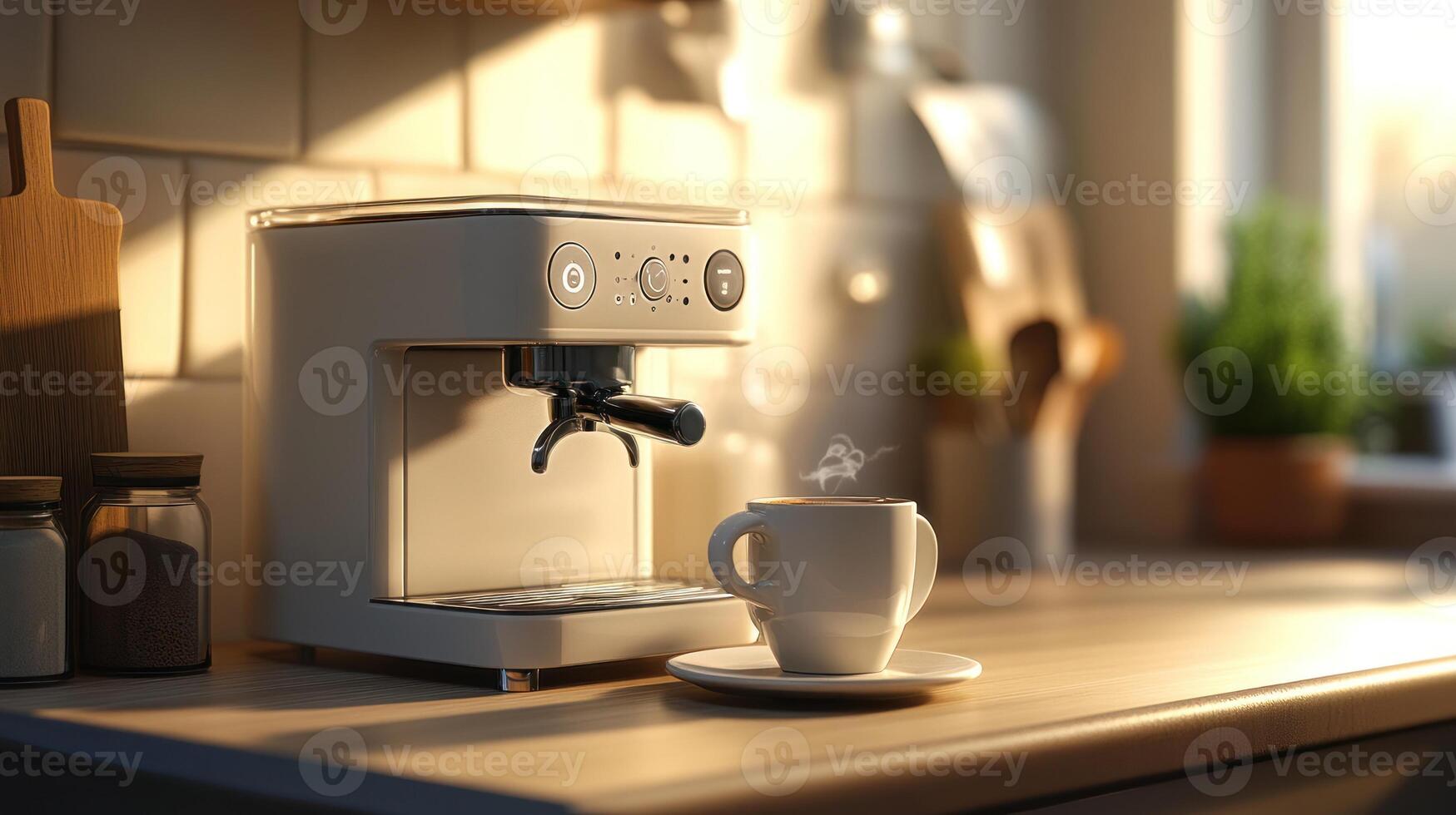A coffee maker and cup on a counter photo