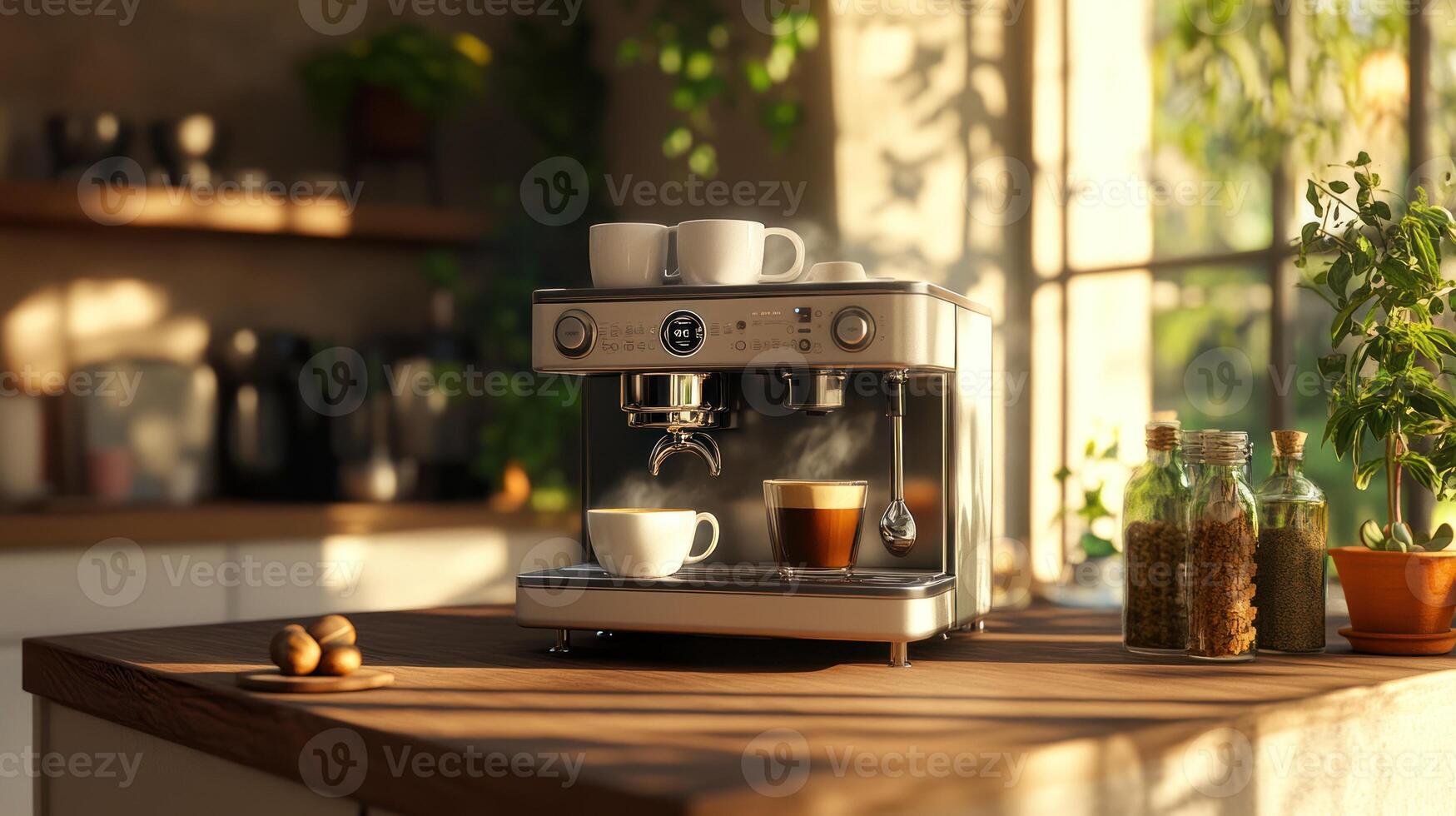 Espresso Machine Brewing Coffee In Sunny Kitchen photo