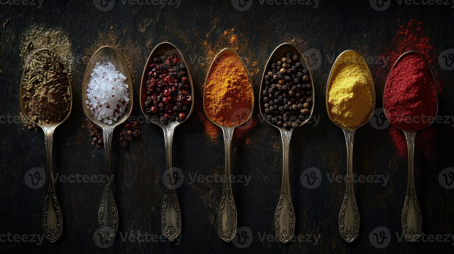 Seven Spoons of Spices Arranged on Dark Surface photo