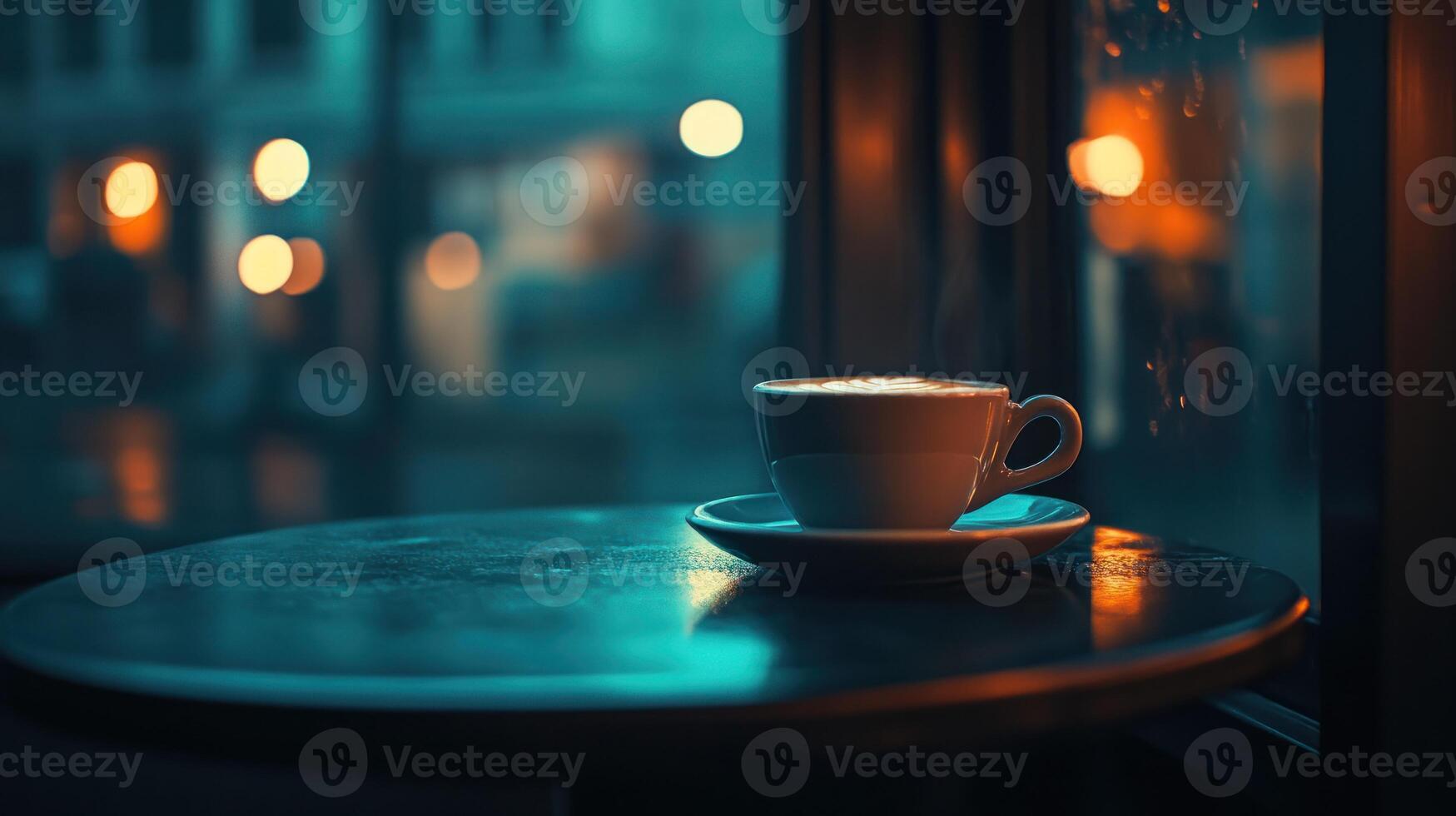 A Cappuccino by the Window at Night photo