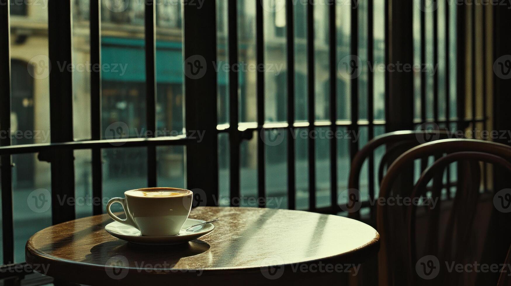 A Cappuccino Coffee Sits By A Window In A Cafe photo