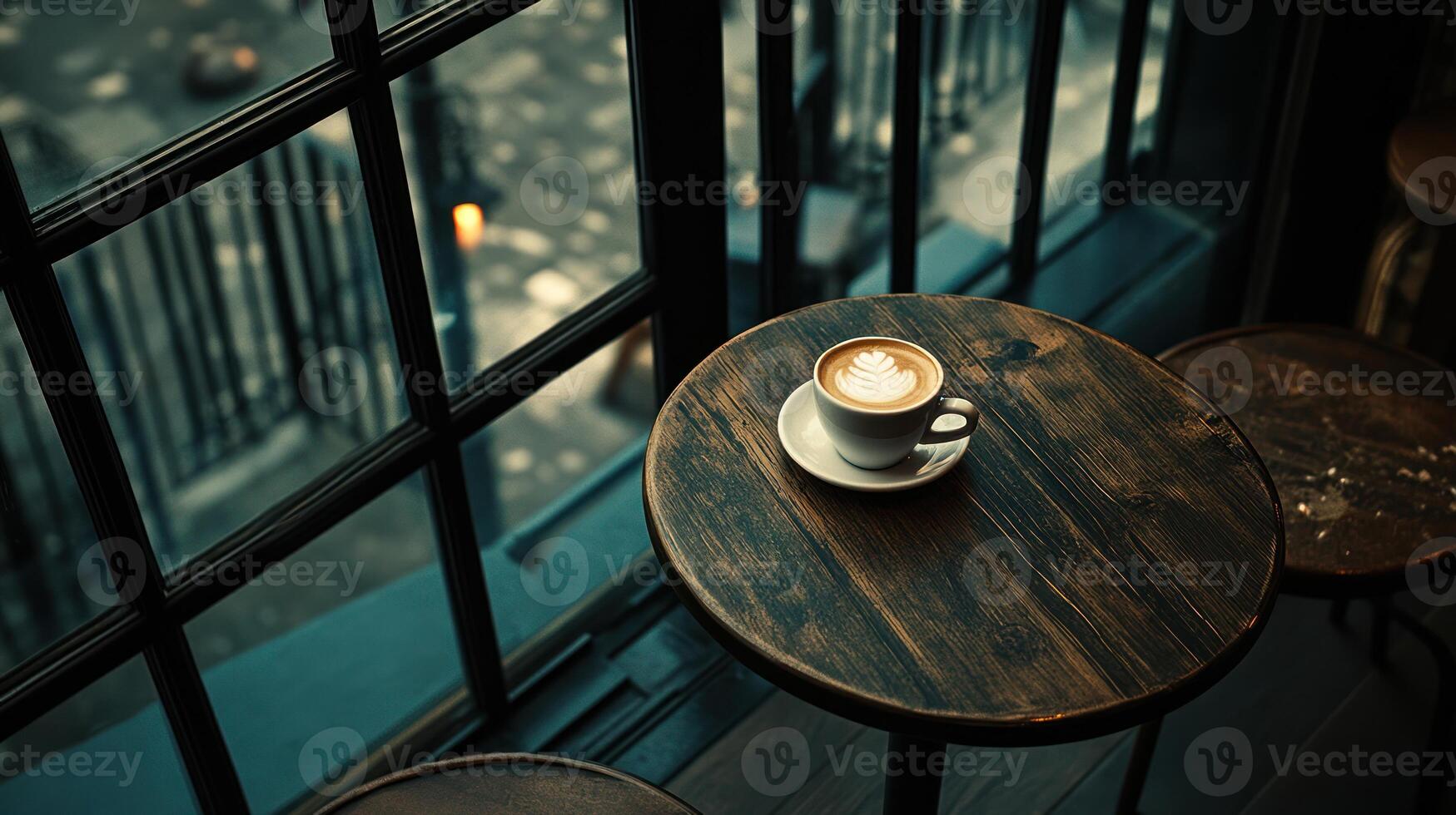 A Latte Coffee Sits On A Small Wooden Table Near A Window photo