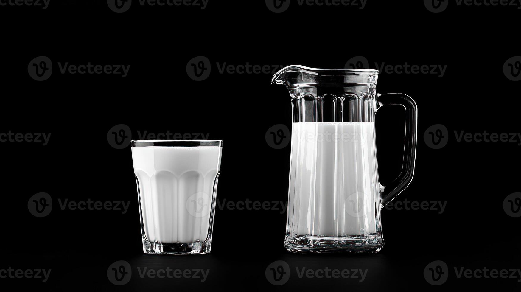 A glass and pitcher of milk on a black background photo