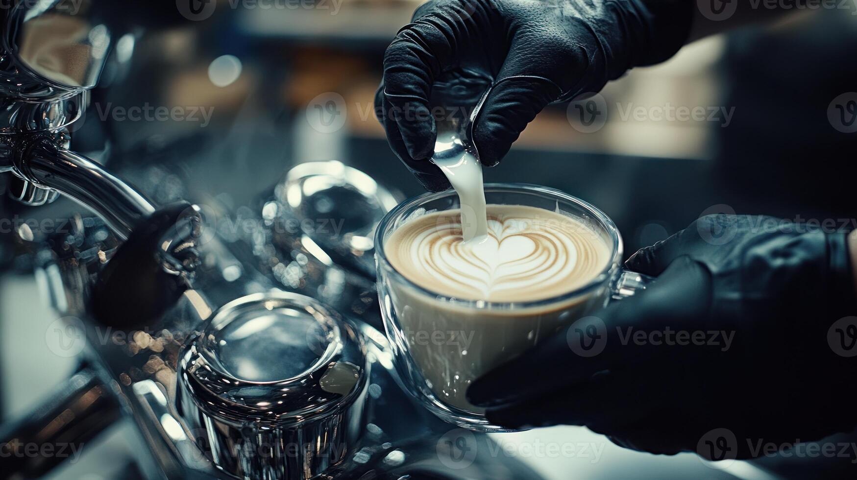 Gloved Hands Pouring Milk Into Latte Art Coffee photo